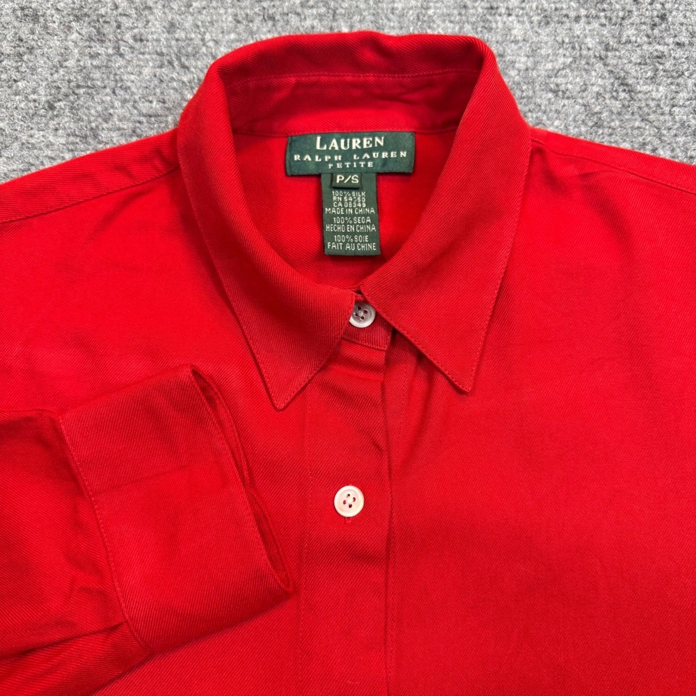 Lauren Ralph Lauren Petite Red 100%Silk Button Down Shirt P/S Long Sleeve Blouse
